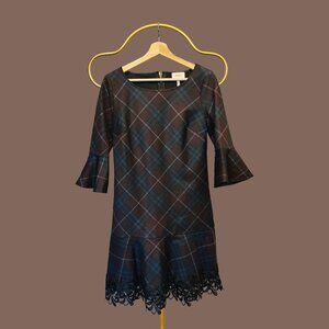 Laundry by Shelli Segal Plaid Bell Sleeve Lace Hem‎ Dress Size 6 Small